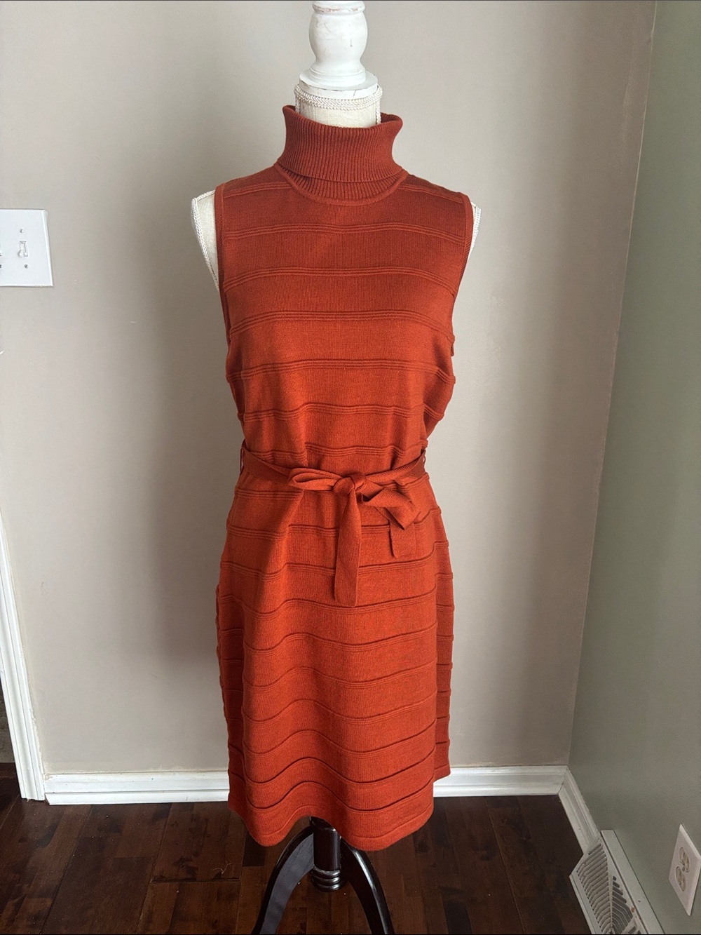 Calvin Klein Sleeveless Turtleneck Knit Dress in Rust